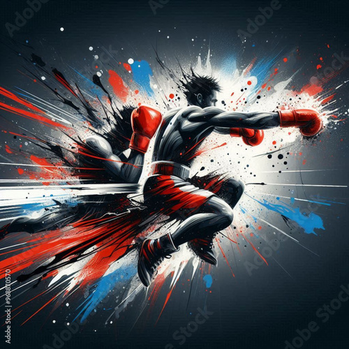 Powerful boxer in action with explosive dynamic art splashes

