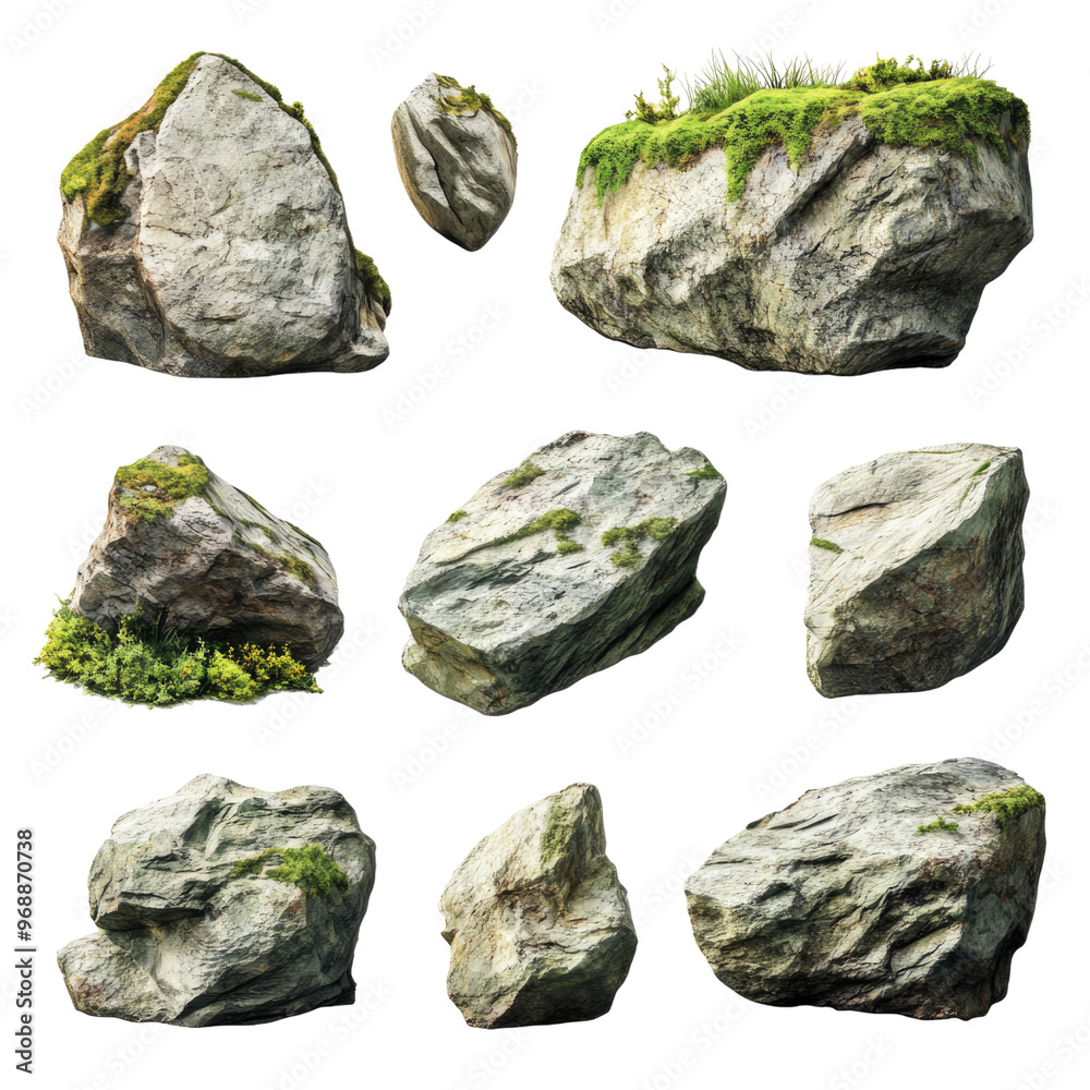 various realistic natural rock with green moss around isolated on transparent background. various realistic natural rock with green moss around isolated on transparent background.