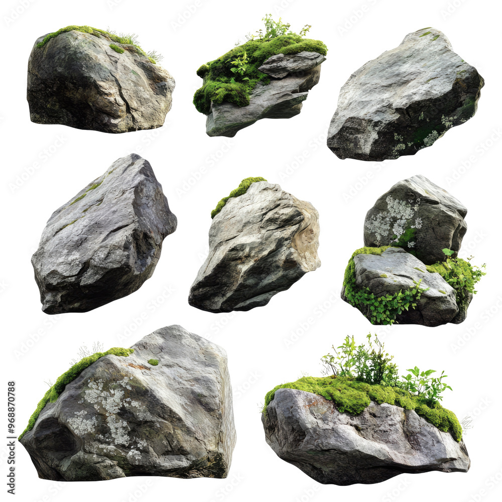 various realistic natural rock with green moss around isolated on transparent background. various realistic natural rock with green moss around isolated on transparent background.