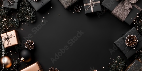 black table top with christmas presents and sparkling decorations