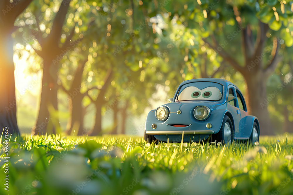 A beautiful fictional cartoon car with pronounced headlights on a colorful background A beautiful fictional cartoon car with pronounced headlights on a colorful background