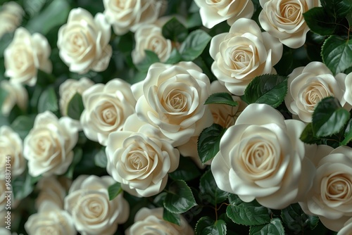 A close-up shot of a wall of white roses with green leaves.