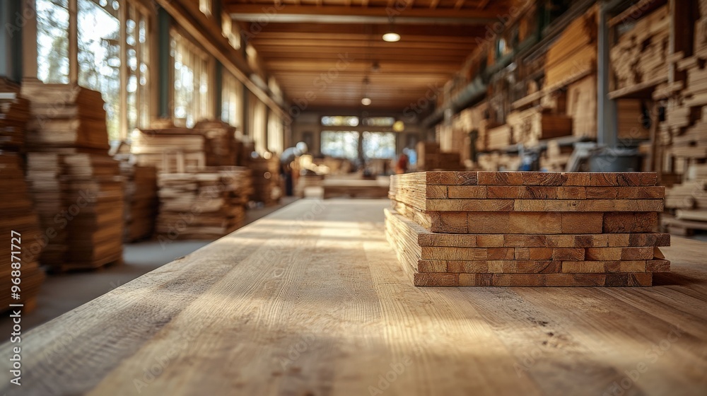 Lumber is neatly stacked on a table in a bustling woodworking workshop filled with light