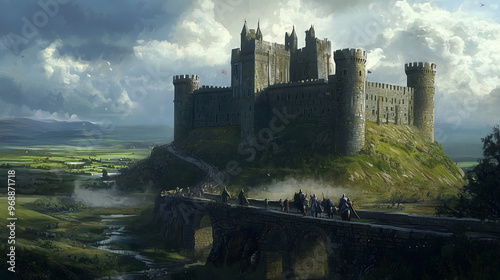 A grand medieval castle on a hill – Surrounded by a moat and drawbridge, with towering stone walls, turrets, and knights patrolling, set against a backdrop of rolling green hills and a cloudy sky