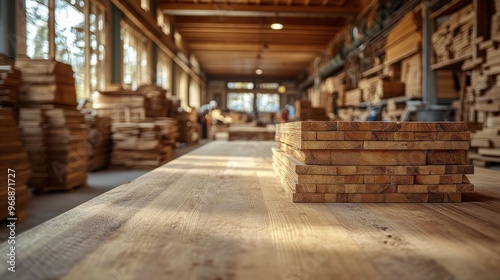 Lumber is neatly stacked on a table in a bustling woodworking workshop filled with light