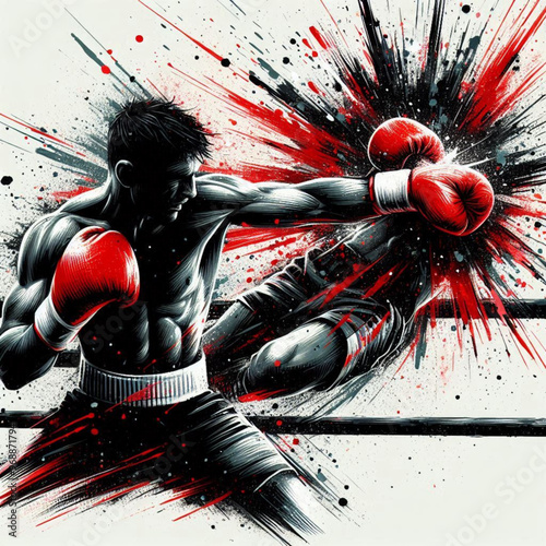 Powerful boxer in action with explosive dynamic art splashes

