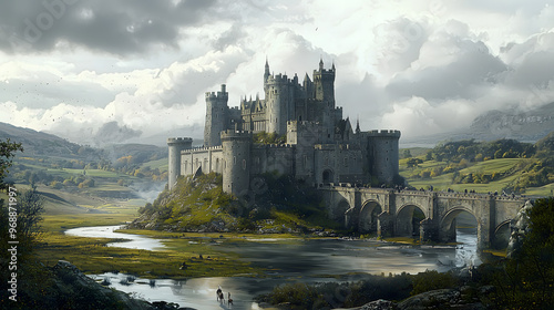A grand medieval castle on a hill – Surrounded by a moat and drawbridge, with towering stone walls, turrets, and knights patrolling, set against a backdrop of rolling green hills and a cloudy sky