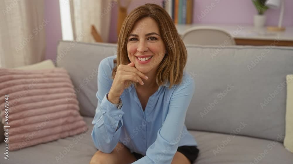 Woman smiling at home sitting on a comfortable sofa in a cozy living room with soft pillows and a stylish blue shirt, creating a warm domestic atmosphere. Woman smiling at home sitting on a comfortable sofa in a cozy living room with soft pillows and a stylish blue shirt, creating a warm domestic atmosphere.