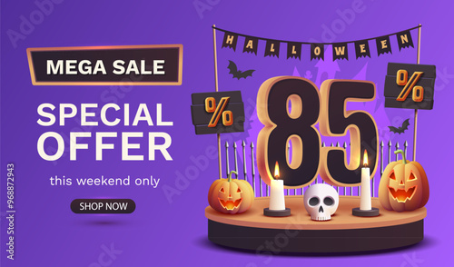 85 percents off. Halloween sale banner template. Podium and numbers with amount of discount. Special October offer. Vector illustration.