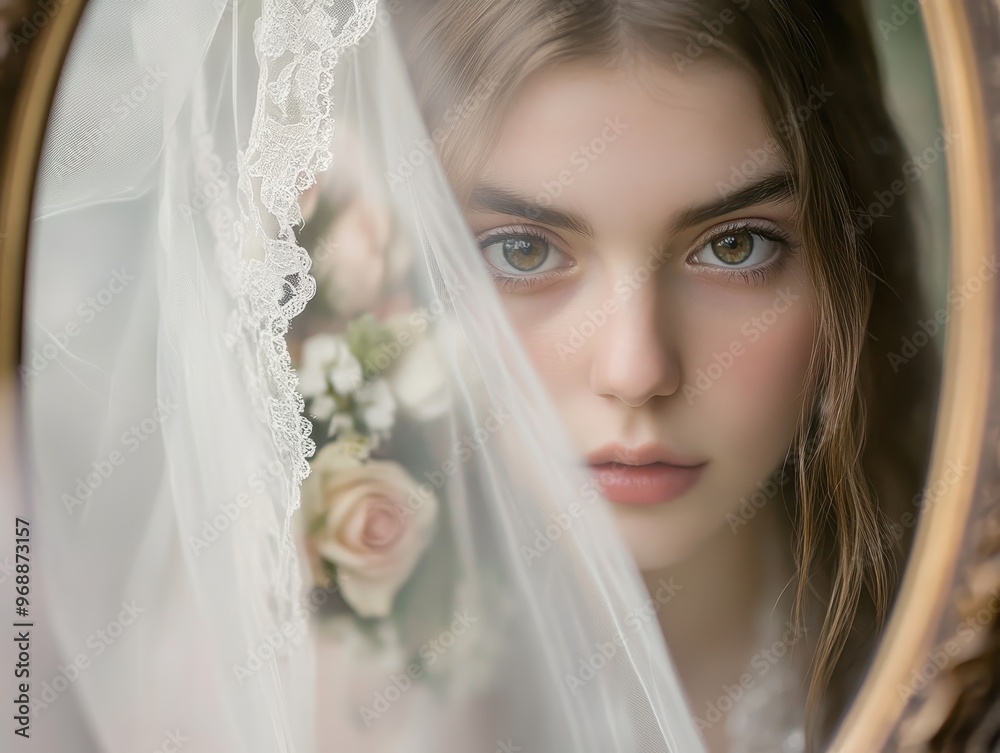 A close-up of a bride's face softly framed by her lace veil, with a delicate bouquet visible in the background, capturing a serene moment.
A close-up of a bride's face softly framed by her lace veil, with a delicate bouquet visible in the background, capturing a serene moment.