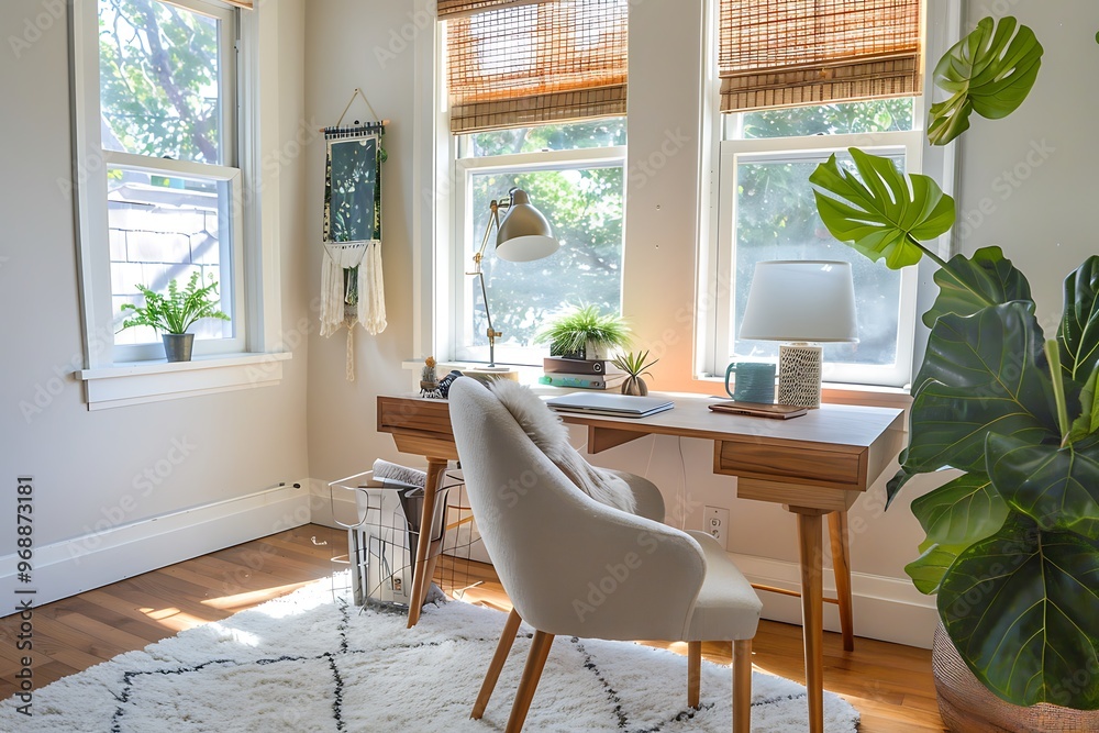Fototapeta premium A cozy, modern office with a stylish desk, comfortable chair, and bright, natural light. 