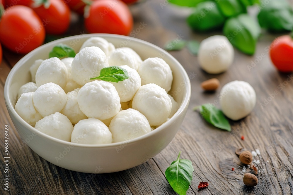 Mozzarella cheese balls in the bowl on desk. Mozzarella cheese balls in the bowl on desk.