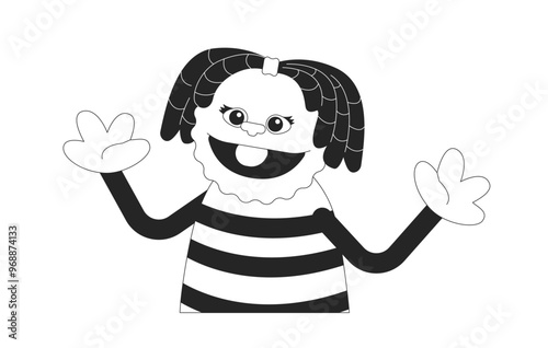 Hand puppet anthropomorphic girl black and white 2D line character. Theater doll isolated vector outline personage. Marionette toy cheerful smiling. Childhood. Monochromatic spot illustration