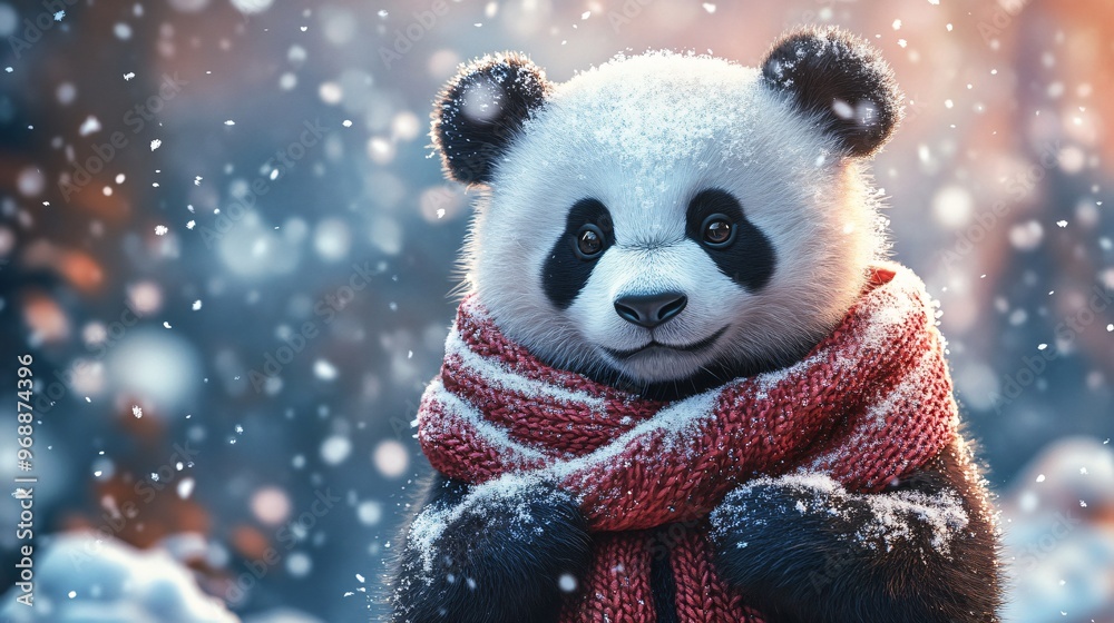 panda wearing a knitted scarf playing in the snow panda wearing a knitted scarf playing in the snow