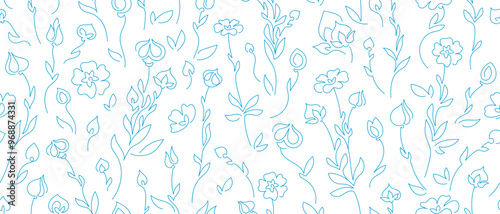 Abstract blue flowers. Seamless pattern. Flax seed