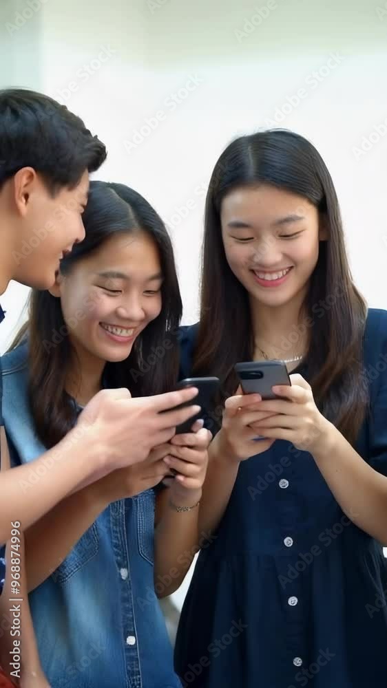 Group of Asian teenagers with their mobile phones watching social networks. Group of Asian teenagers with their mobile phones watching social networks.