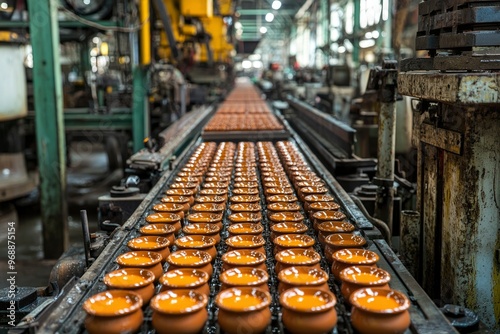 Rows of Shiny Orange Pottery on a Factory Conveyor Belt