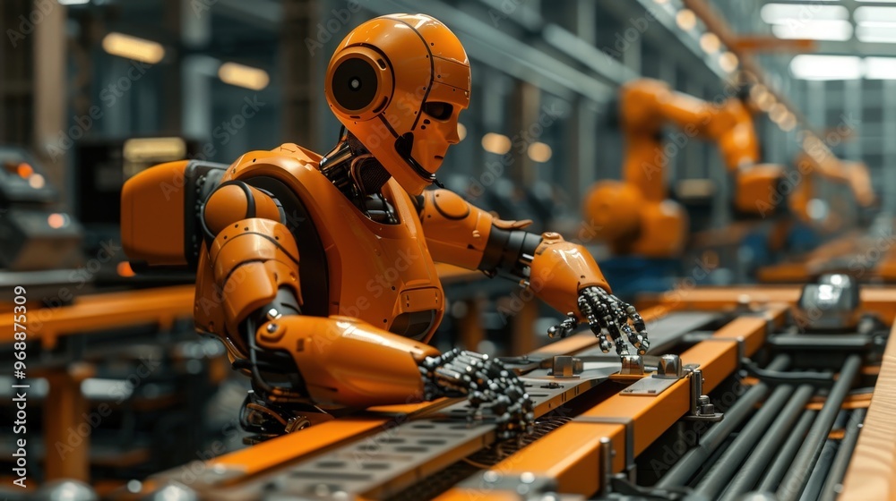A humanoid robot meticulously works in a high-tech factory, showcasing the potential of robotics in modern manufacturing environments. A humanoid robot meticulously works in a high-tech factory, showcasing the potential of robotics in modern manufacturing environments.