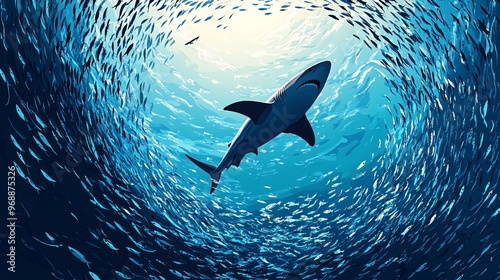 A lone shark swims upwards through a swirling school of fish in the ocean. photo