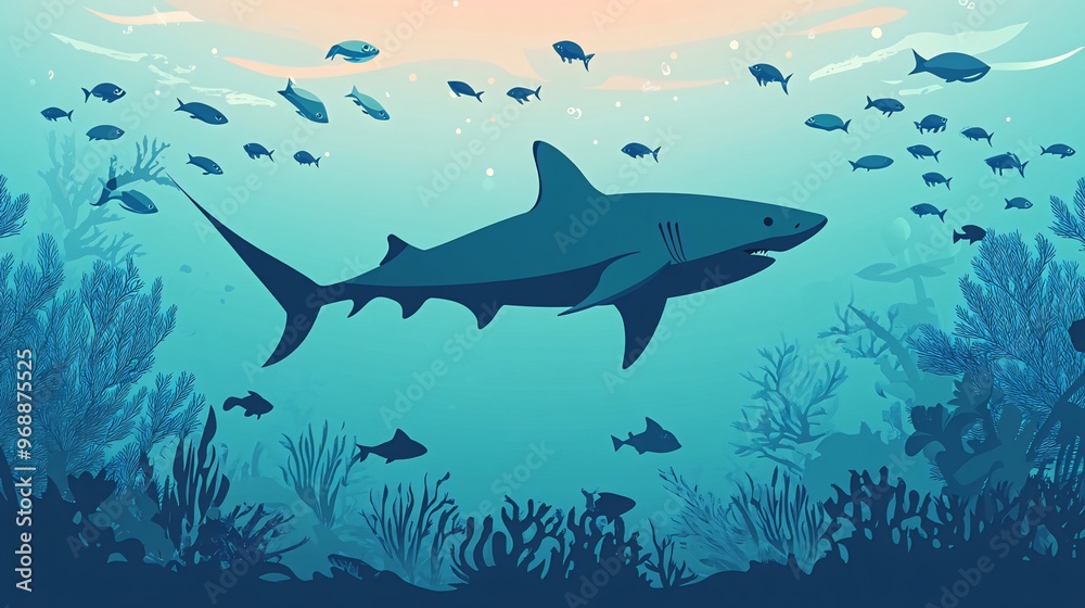 A large shark swims through the ocean with coral reefs and fish in the background. A large shark swims through the ocean with coral reefs and fish in the background.