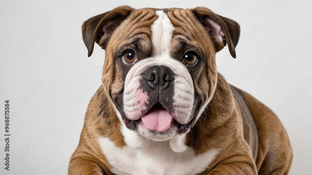 Portrait of Brindle english bulldog on grey background Portrait of Brindle english bulldog on grey background
