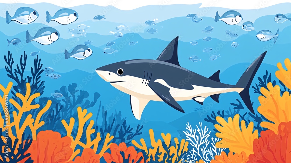 A great white shark swims through a vibrant coral reef, surrounded by a school of fish.