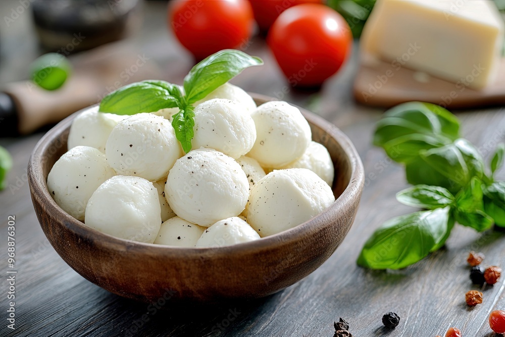 Mozzarella cheese balls in the bowl on desk. Mozzarella cheese balls in the bowl on desk.