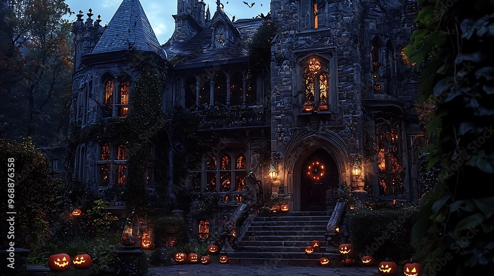 Seasonal Halloween decorations with Gothic ambiance and mysterious lighting Seasonal Halloween decorations with Gothic ambiance and mysterious lighting