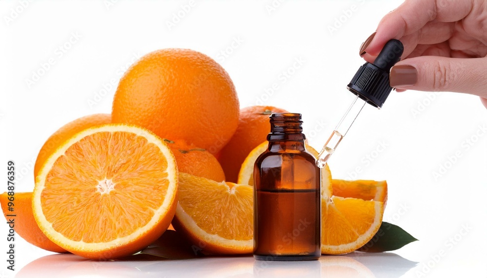 Woman's hand and glass bottle of face serum or oil, with pile of orange slices, dropper Woman's hand and glass bottle of face serum or oil, with pile of orange slices, dropper