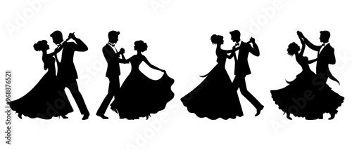newly married couple dancing silhouettes. Set of wedding silhouettes black filled vector Illustration icon