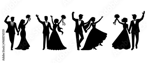 wedding couple, bride and groom silhouette set black filled vector Illustration icon