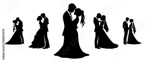 Romantic newly wed couple. Set of wedding silhouettes black filled vector Illustration icon