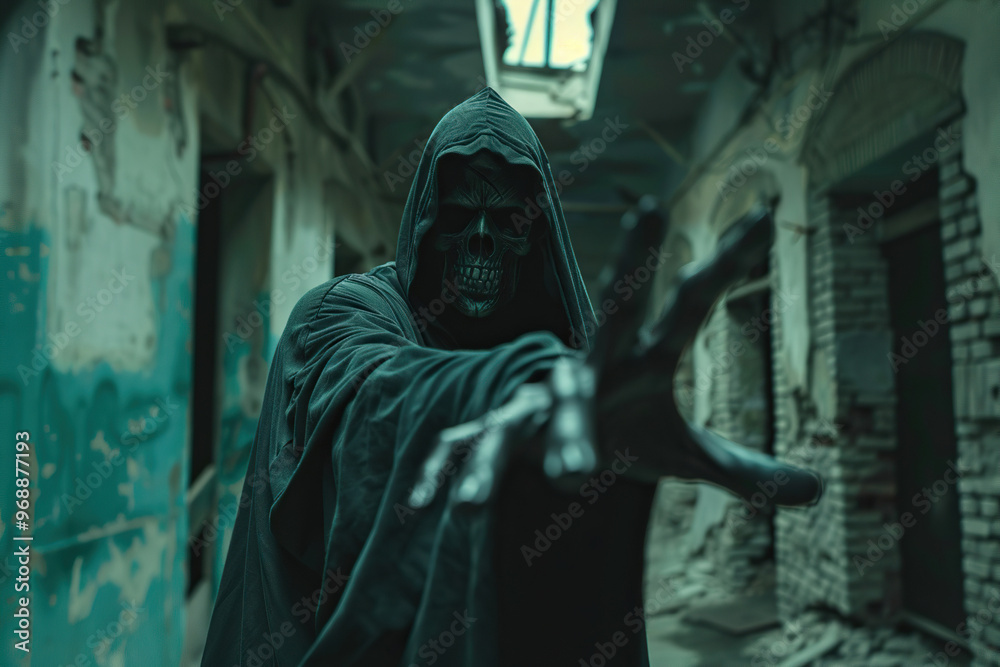 Scary grim reaper with scythe in hell on dark background with dramatic background Scary grim reaper with scythe in hell on dark background with dramatic background