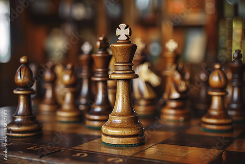 Beautiful chess piece standing on checkered game board during strategic game of chess