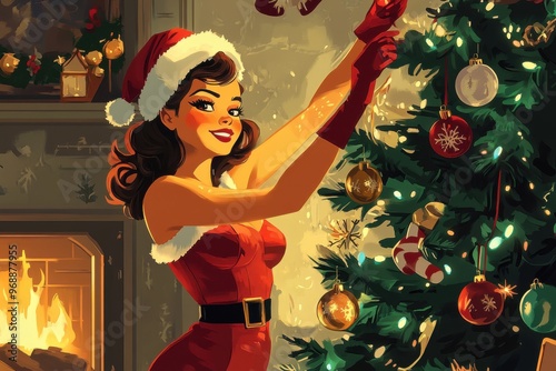 A cheerful pin-up girl in a Santa outfit decorating a Christmas tree with festive ornaments