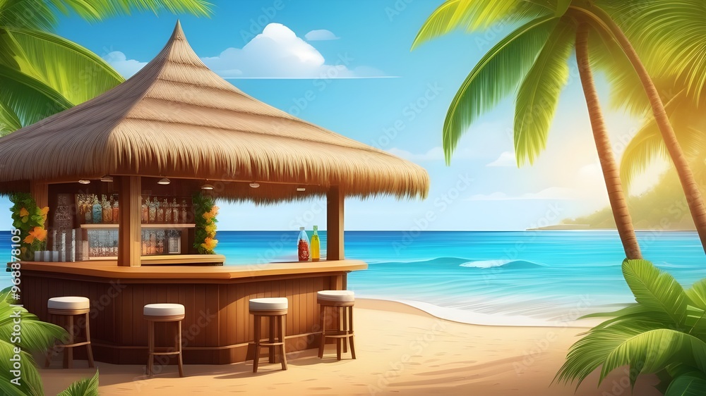 An empty bar counter and an empty chair against the background of the beach and the sea. Vacation and summer. An empty bar counter and an empty chair against the background of the beach and the sea. Vacation and summer.