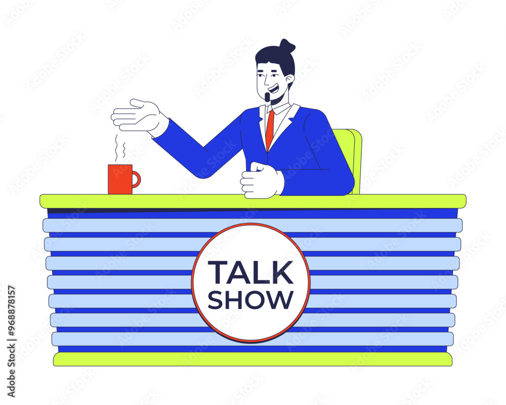 Smiling talk show host sitting at panel table 2D cartoon character. Television program presenter man with steaming mug isolated person flat vector on white background. Spot illustration colorful Smiling talk show host sitting at panel table 2D cartoon character. Television program presenter man with steaming mug isolated person flat vector on white background. Spot illustration colorful