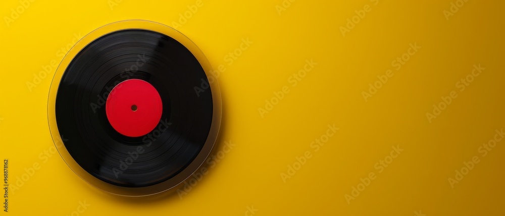 Vinyl record with red label centered against a minimalist yellow background, showcasing a blend of retro and modern aesthetics. Vinyl record with red label centered against a minimalist yellow background, showcasing a blend of retro and modern aesthetics.