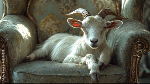 the goat is lying on the sofa photo