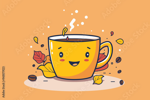A joyful yellow coffee mug with autumn leaves and steam, bringing warm and cozy fall vibes to your day