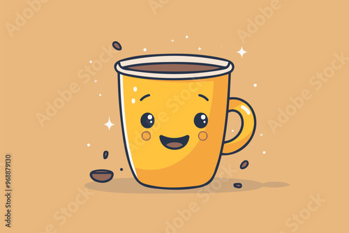 A playful yellow coffee mug with a cheerful face, surrounded by sparkles and steam for cozy moments
