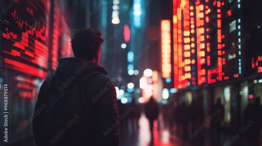 Silhouetted Figure in a Cityscape with Blurry Red and Blue Neon Lights Silhouetted Figure in a Cityscape with Blurry Red and Blue Neon Lights