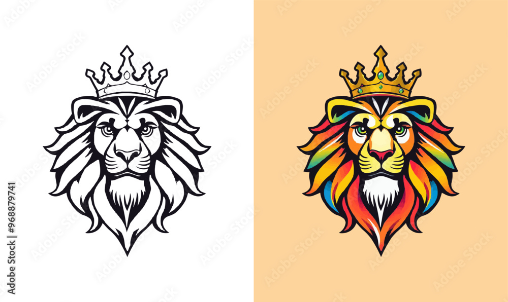 powerful abstract lion mascot logo. Lion with crown logo. Colorful rainbow lion logo for LGBTQ powerful abstract lion mascot logo. Lion with crown logo. Colorful rainbow lion logo for LGBTQ