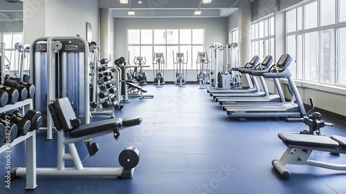 22. A well-organized gym with various fitness machines and free weights