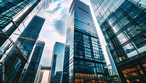 Reflective glass skyscrapers showcasing dynamic urban design in vibrant corporate cityscape