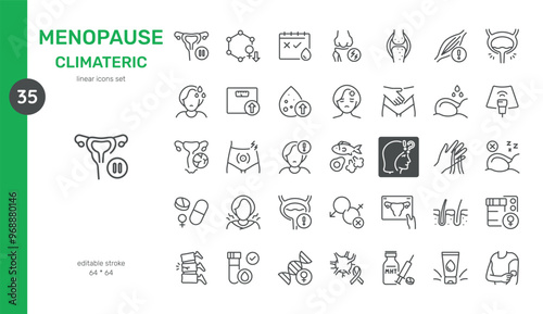 Menopause and Climacteric Icon Set. Line Symbols of Menopause Symptoms, Hormonal Changes, Bone Health, and Treatment Options. Includes Hot Flashes, Weight Gain, Supplements, and Hormone Therapy.