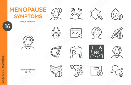 Menopause Symptoms Icons Set. Linear icons illustrating common symptoms of menopause such as hot flashes, mood swings, irregular periods, insomnia, weight gain, and joint pain. 