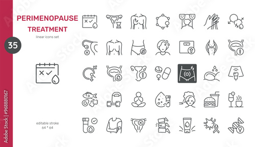 Perimenopause Treatment Icons Set. Icon set of various treatments for perimenopause, including hormone therapy, diet, exercise, medications, mental health support. Vector Isolated Line Symbols.
