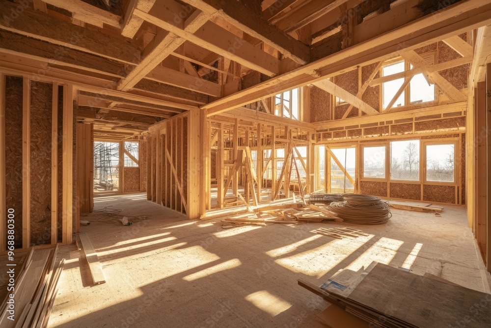 Internal wooden frame of the future house. Concept of the construction industry Internal wooden frame of the future house. Concept of the construction industry