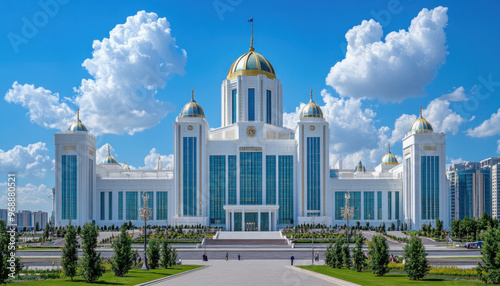 Tourists walking outside the ak orda presidential palace on a sunny summer day photo